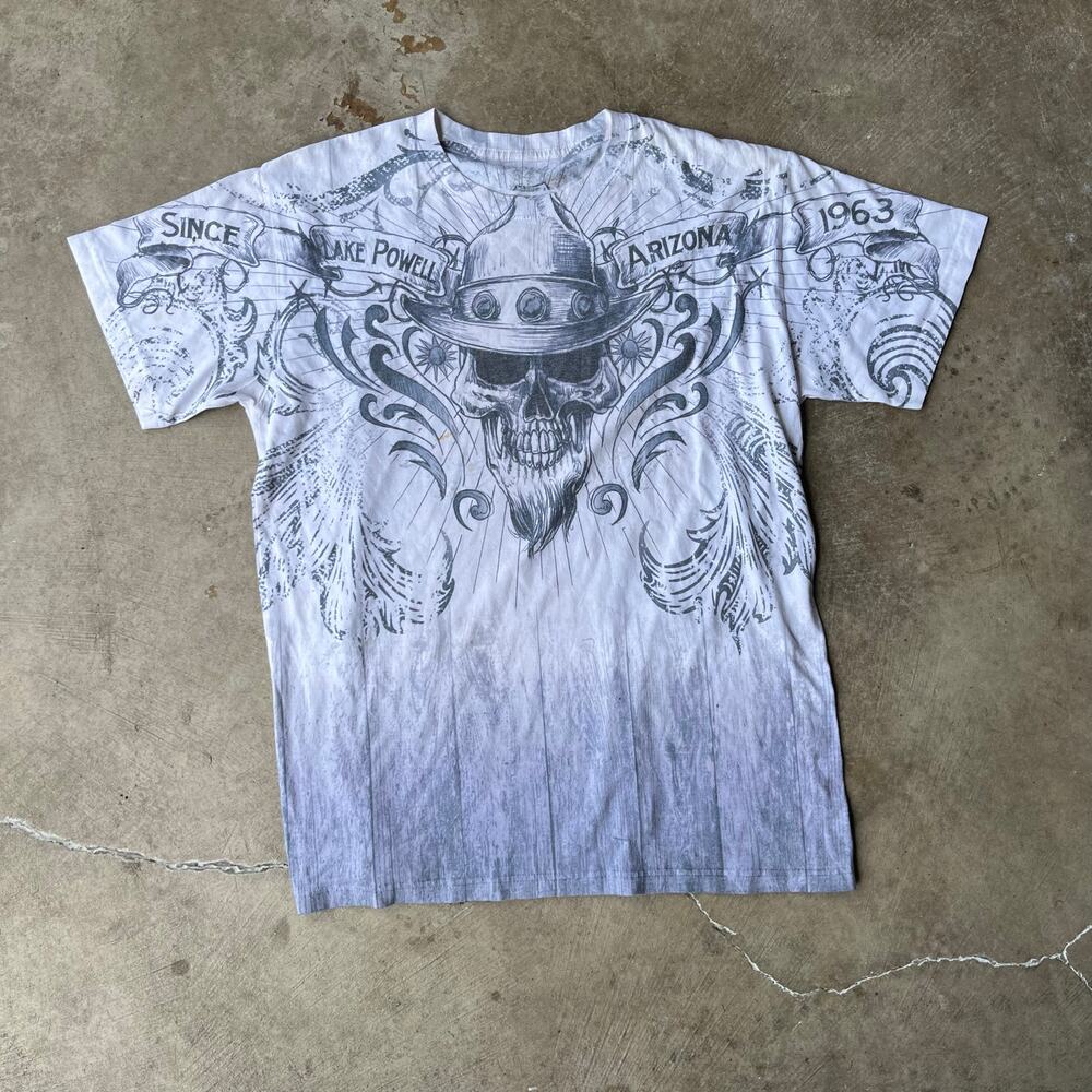 VINTAGE Y2K SKULL AOP SHIRT GRUNGE BLUE 64 XL BAGGY